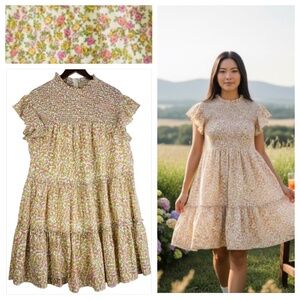 Maison Tara Sz 20W 2X Dress Floral Tiered Ruffle Yellow Pink Cottage Romantic